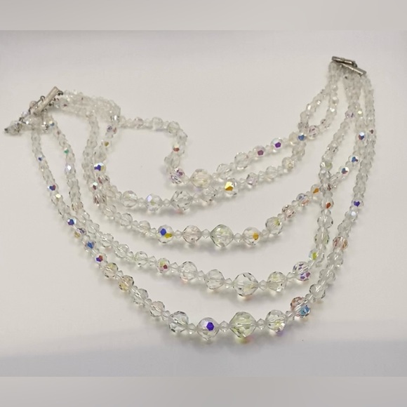 Aurora Borealis AB Five Strand Faceted Crystal Glass Choker Necklace Vintage - Picture 7 of 12
